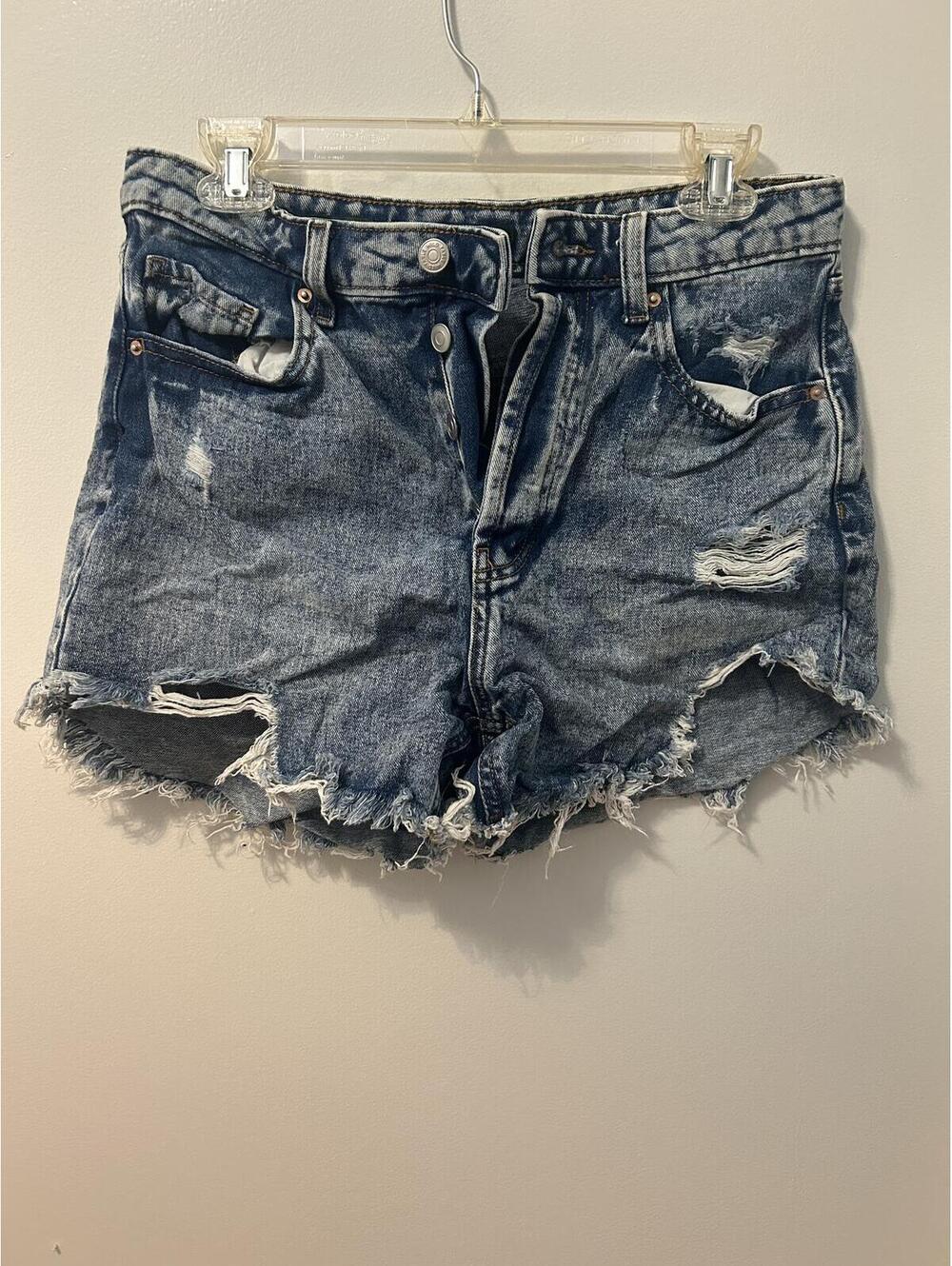 Distressed High Waist Denim Shorts with Button Fly